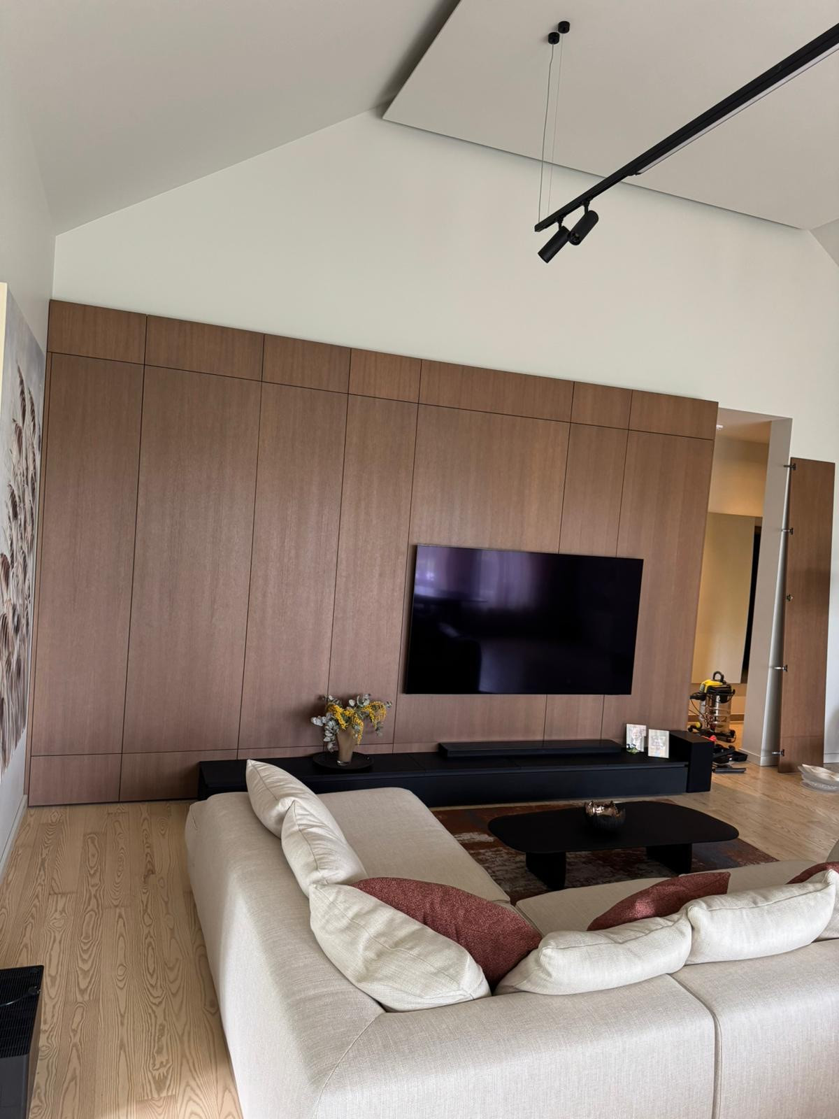 Wood TV wall with integrated living room furniture
